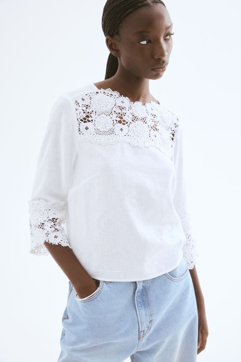 Embroidered Linen-Blend Blouse