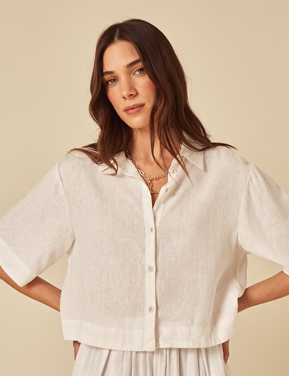 White Linen-Blend Shirt