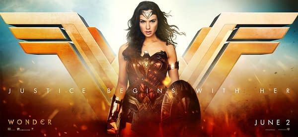 A promotional illustration featuring Wonder Woman in her iconic armor, standing confidently with her shield. The background has vibrant colors and includes the text 
