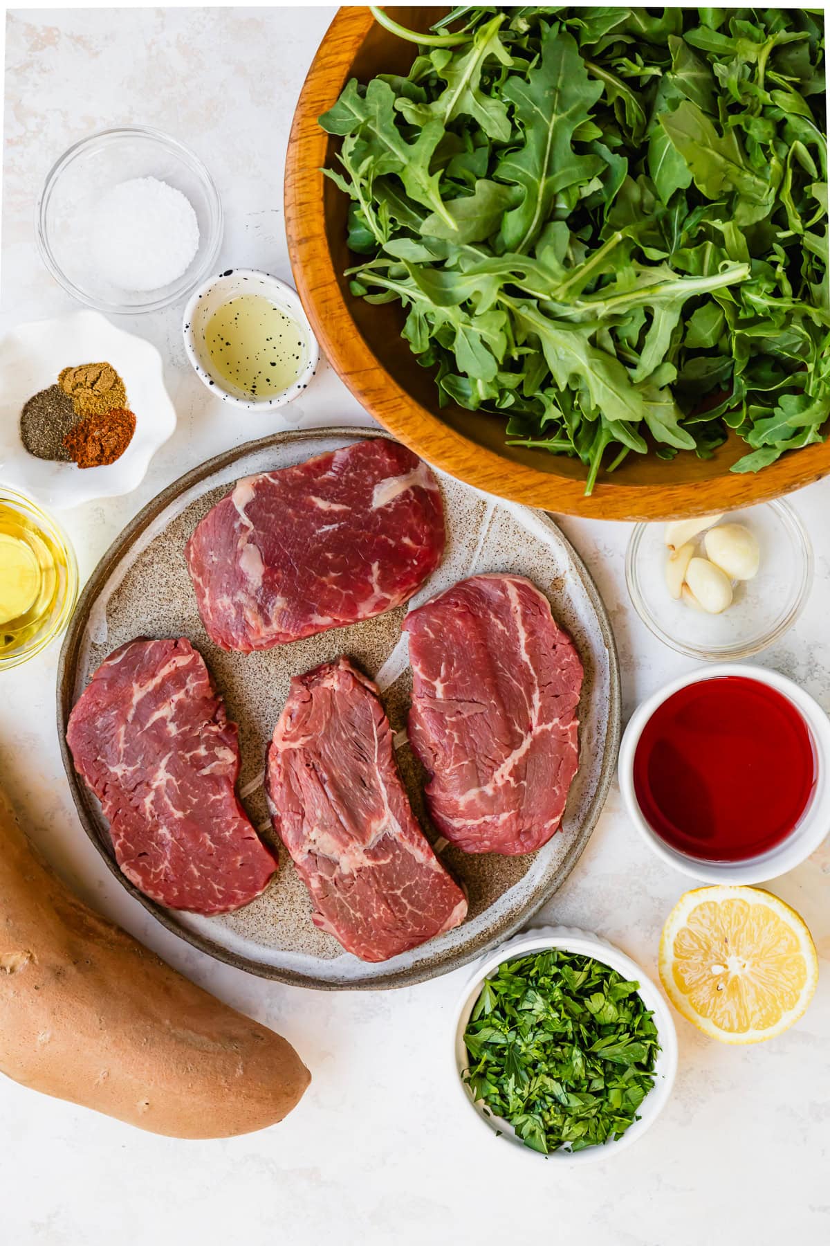 Ingredients for fall steak salad with sweet potatoes