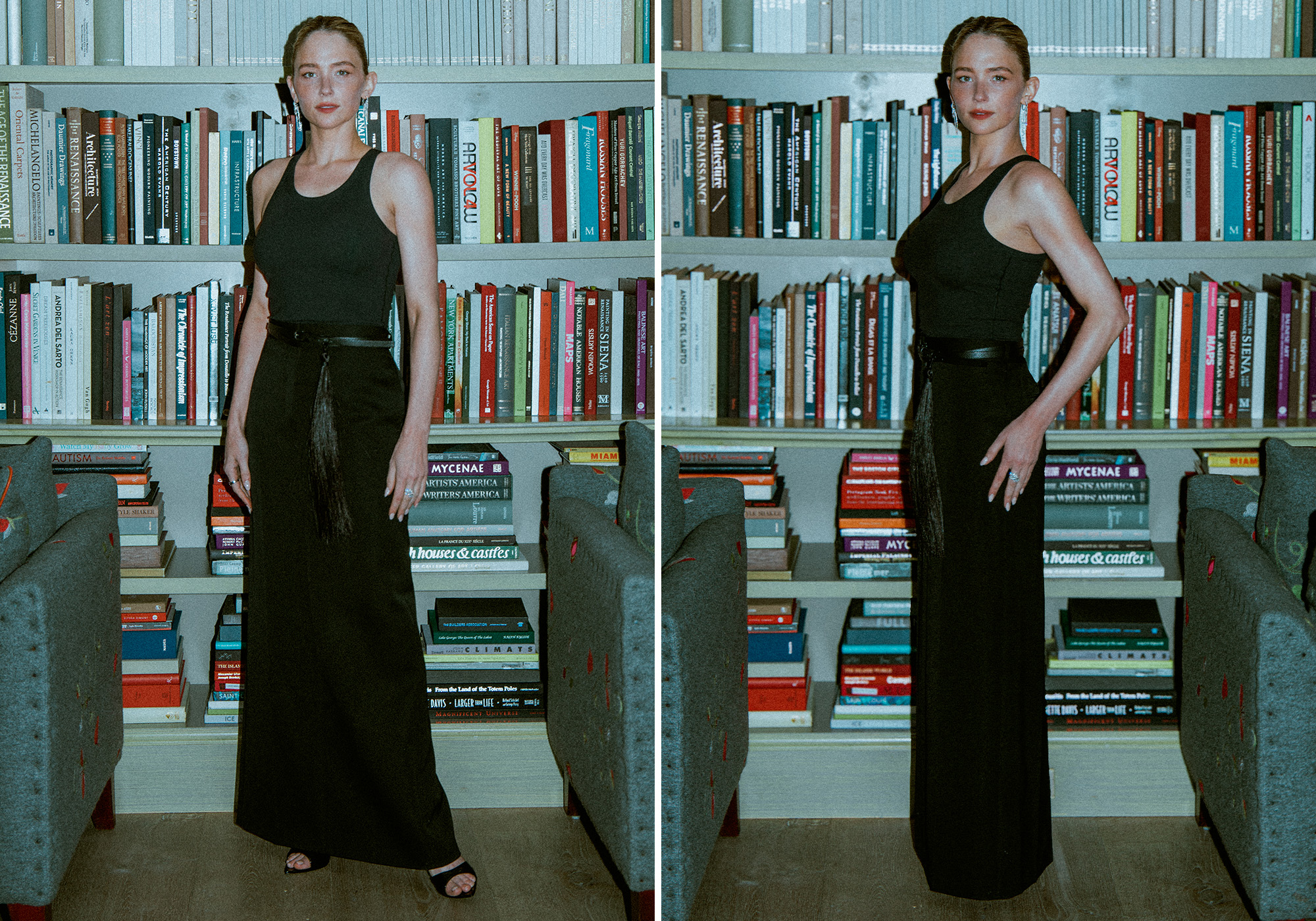 Haley Bennett poses in front of book shelves wearing her final look for the NYC premiere of The Last Frontier. She is wearing a black tank top and black maxi skirt with a leather belt and horse hair detailing.