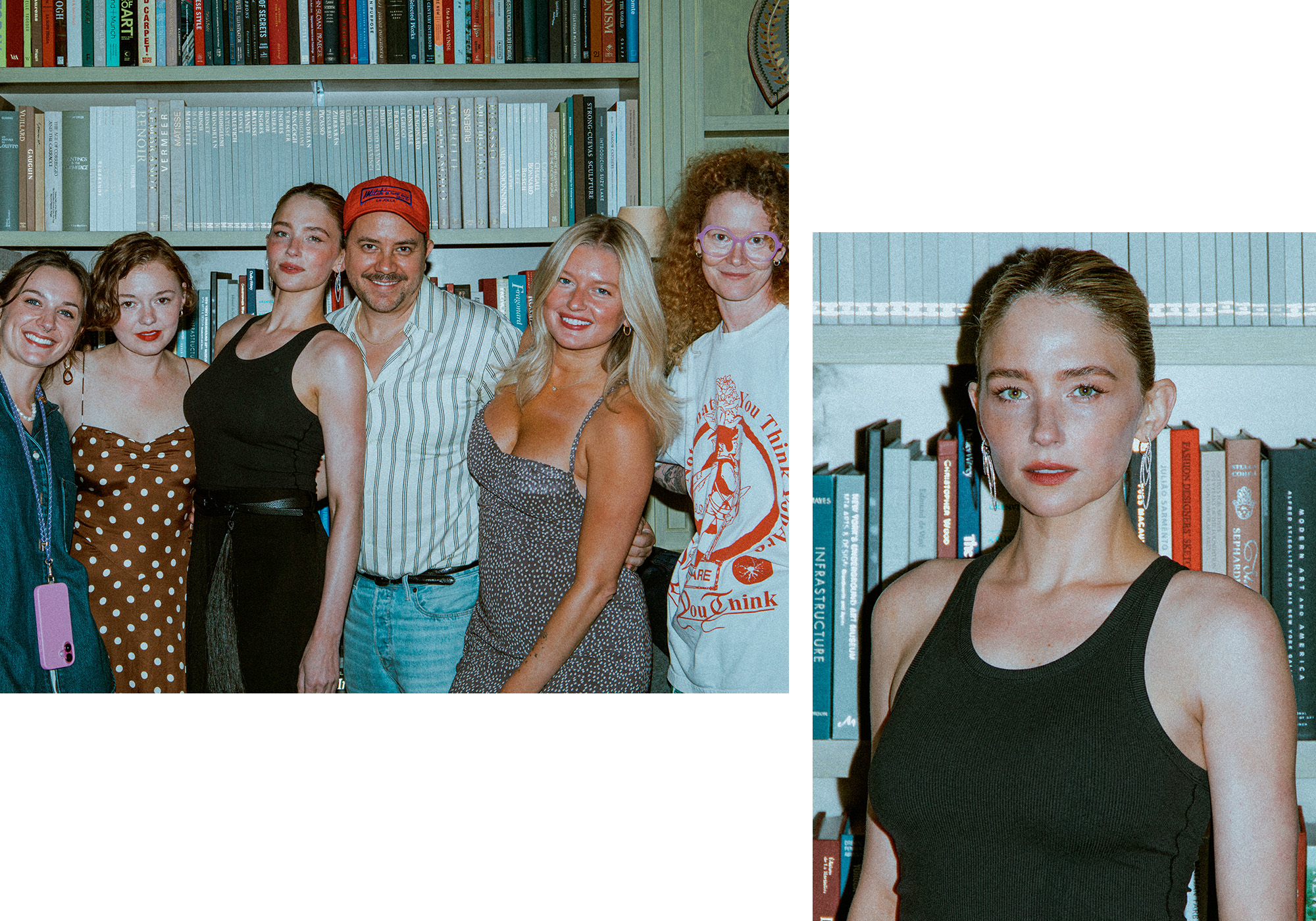 On the left: Haley poses with her glam team before heading out to her premiere. On the right: A photo of Hailey in her final look. She is wearing a black tank top and diamond earrings.