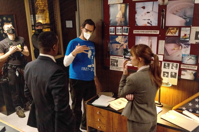LONGLEGS, front, from left: Blair Underwood, director Oz Perkins, Maika Monroe, on set, 2024. ph: Asterios Moutsokapas /© Neon / Courtesy Everett Collection