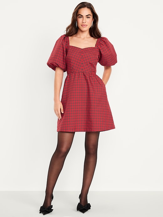 Puff-Sleeve Plaid Fit &amp; Flare Taffeta Mini Dress