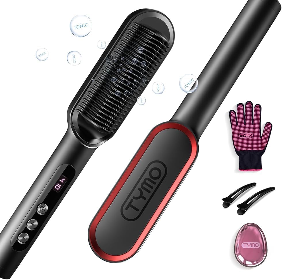 Tymo Ring Plus Ionic Hair Straightener Brush - Straightening Comb With Negative Ions for Women, Titanium Coating, 9 Temp Settings &amp; Led Display, Dual Voltage, Professional Styling Tools