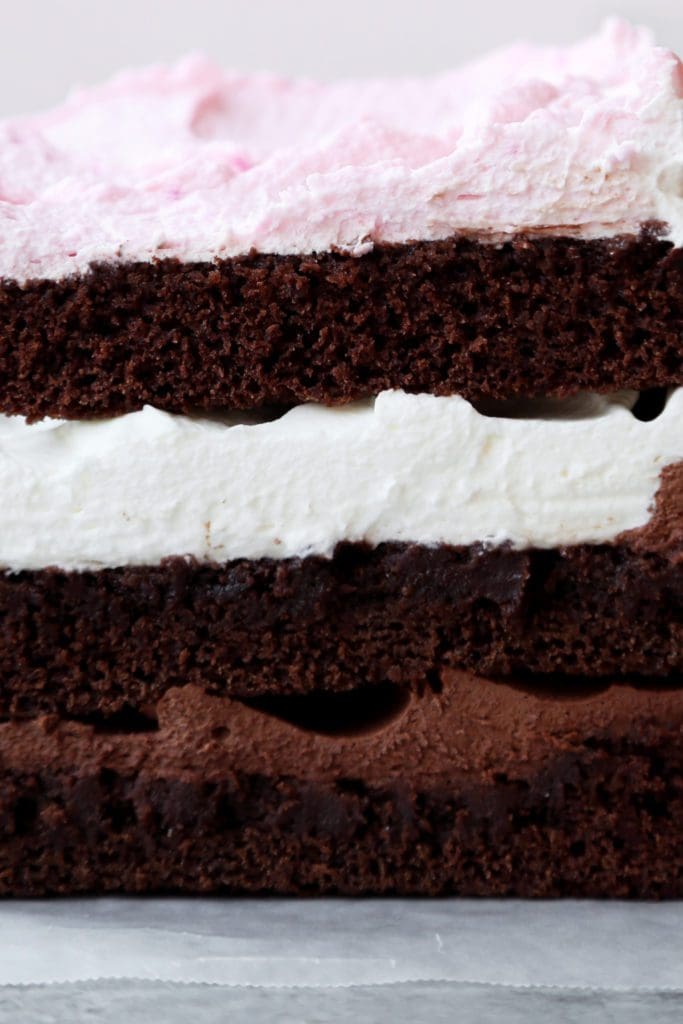 a close up image of a neapolitan birthday cake made with chocolate cake and flavored whipped cream.