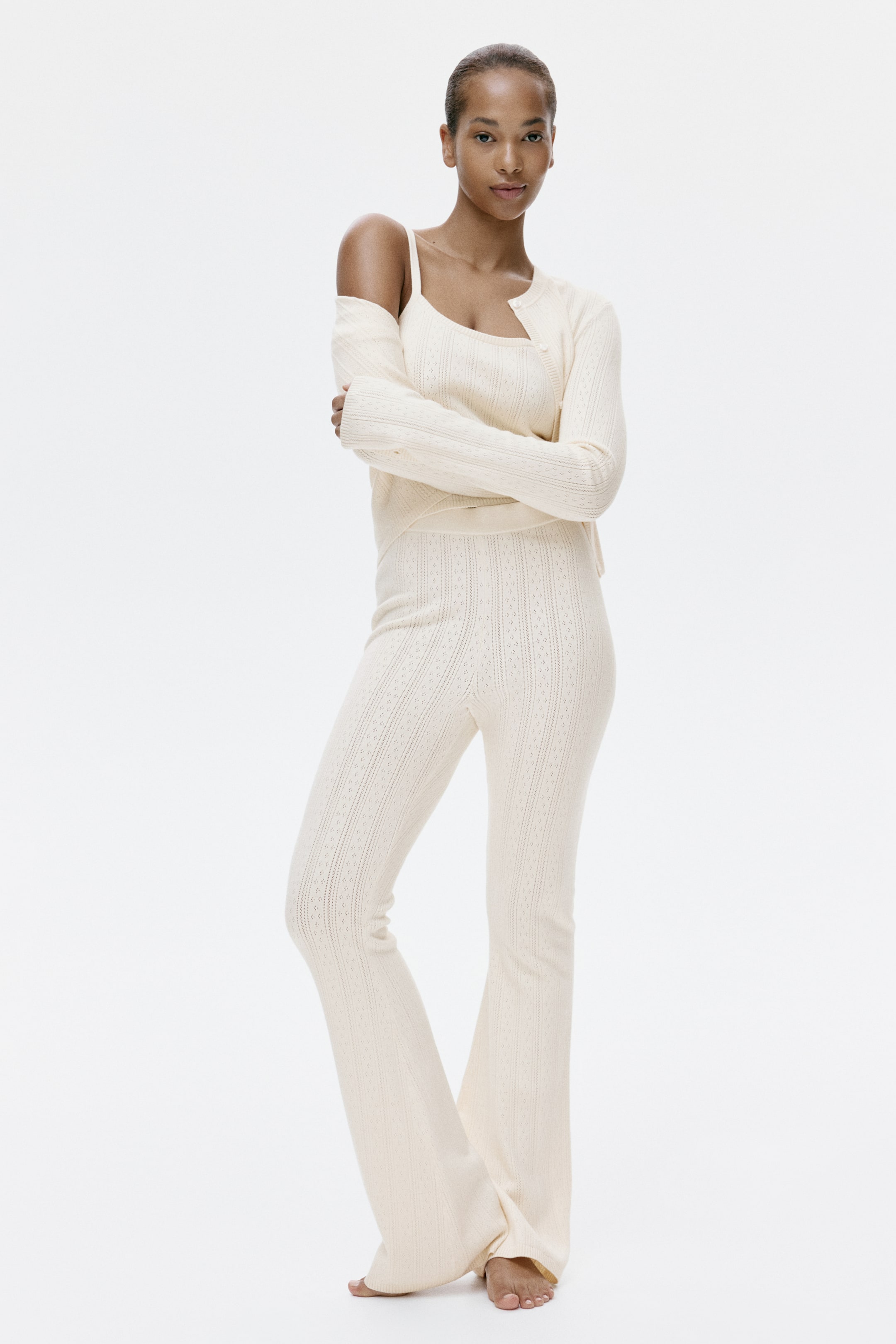 Flared Pointelle-Knit Pants - Light Beige