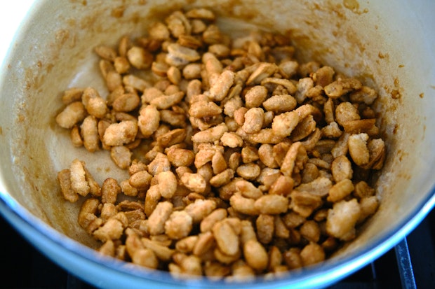 Peanuts in a saucepan with sugar