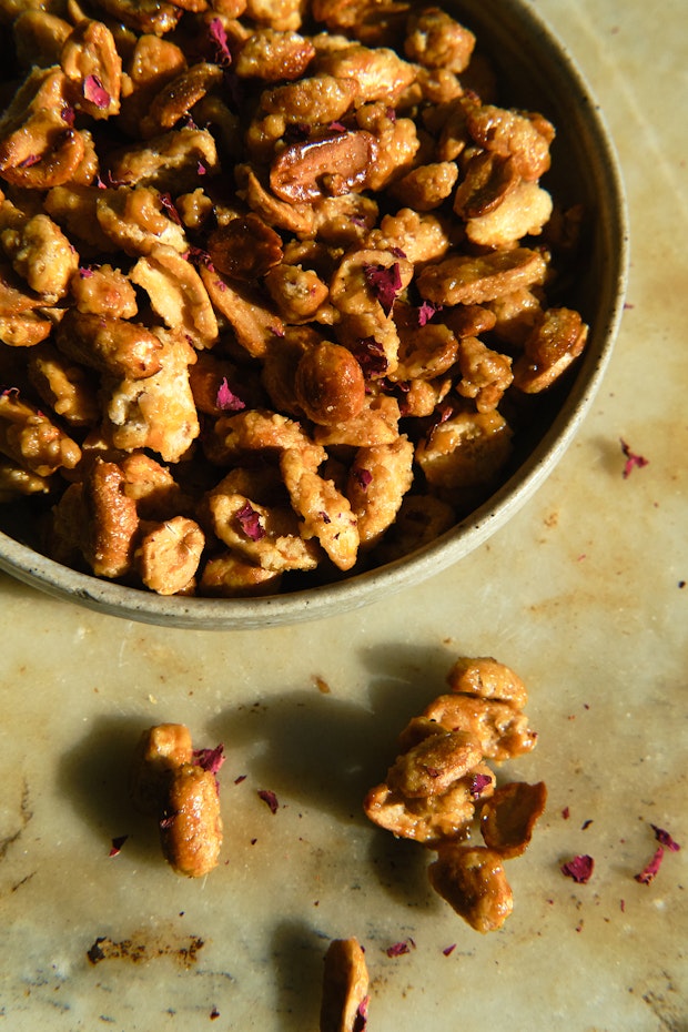 Candied nuts in a serving bowl